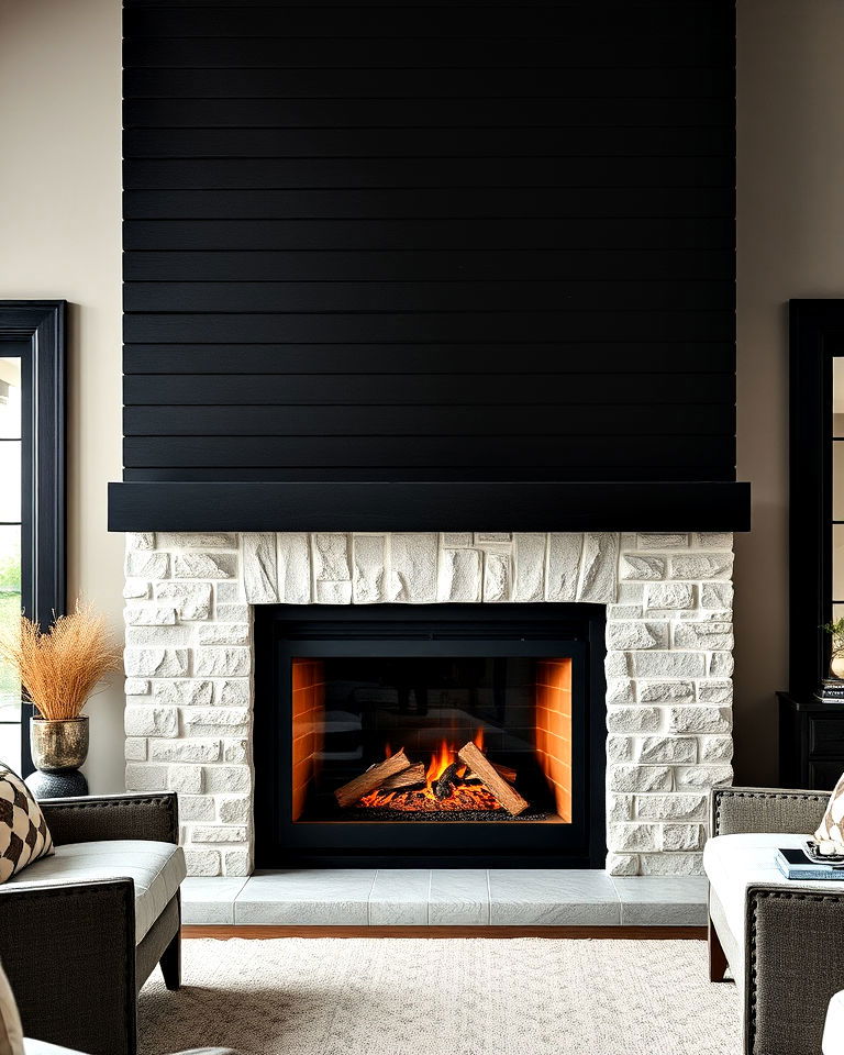 black shiplap fireplace with contrasting stone surround