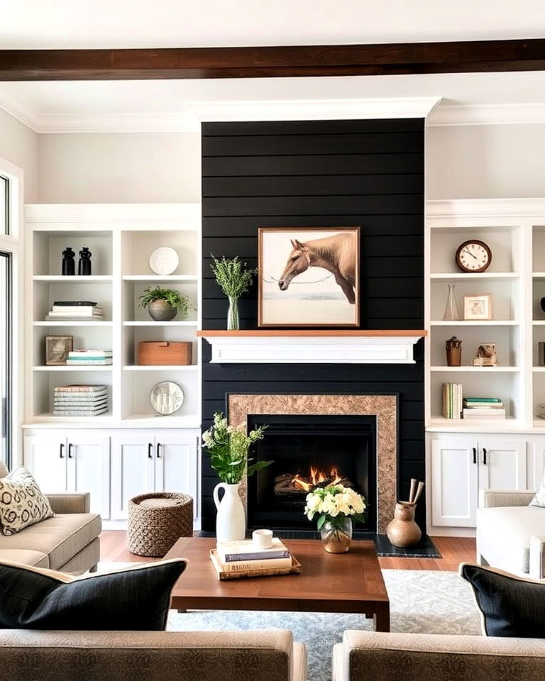 black shiplap fireplace with custom cabinetry
