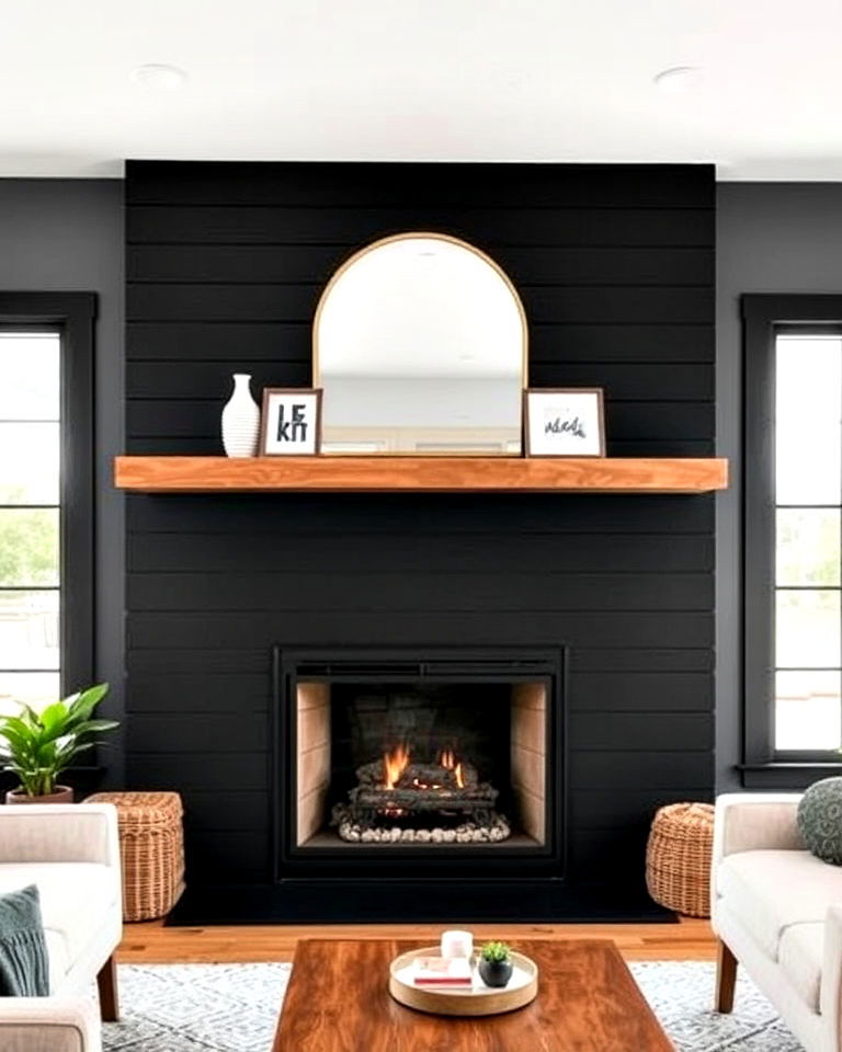 black shiplap fireplace with floating mantel