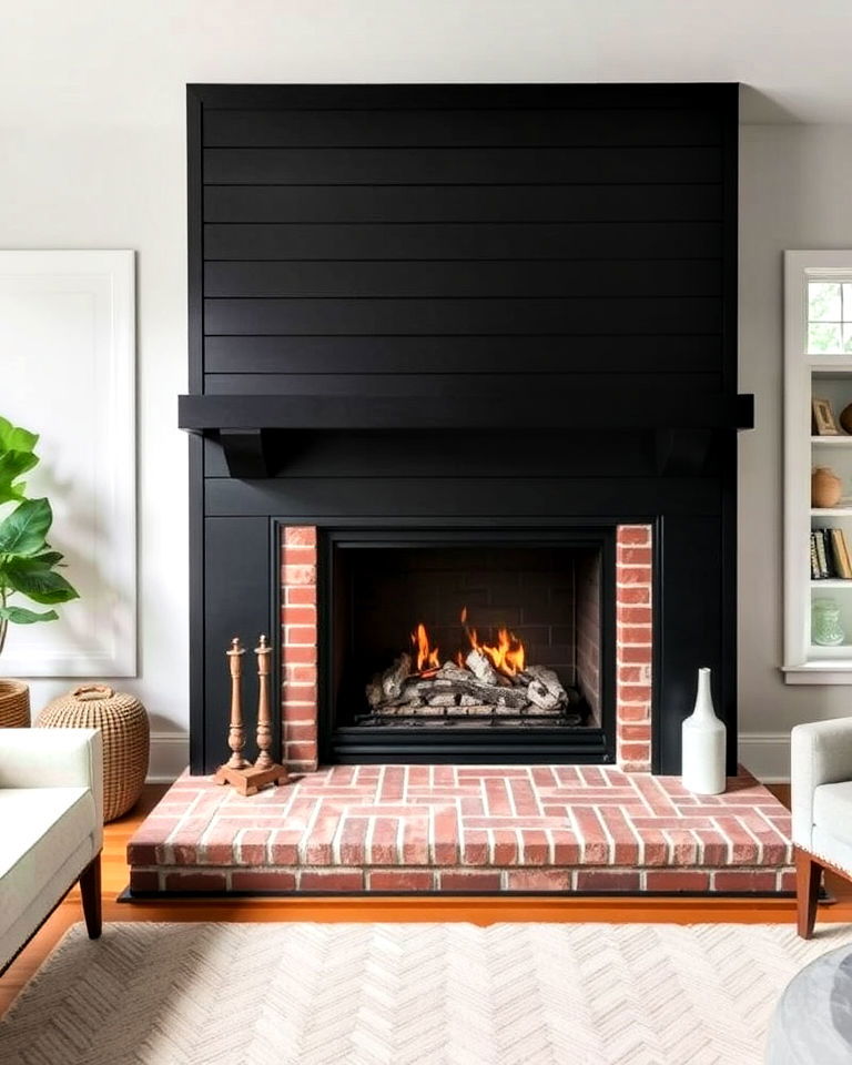 black shiplap fireplace with herringbone brick hearth