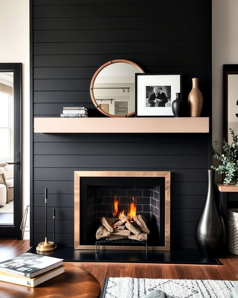 black shiplap fireplace with modern metal accents