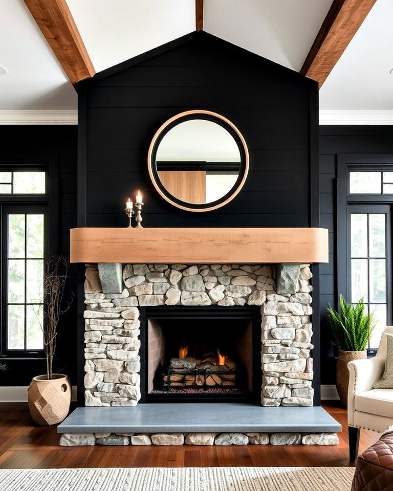 black shiplap fireplace with natural stone