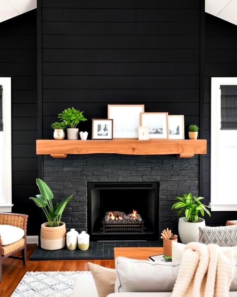black shiplap fireplace with natural wood mantel