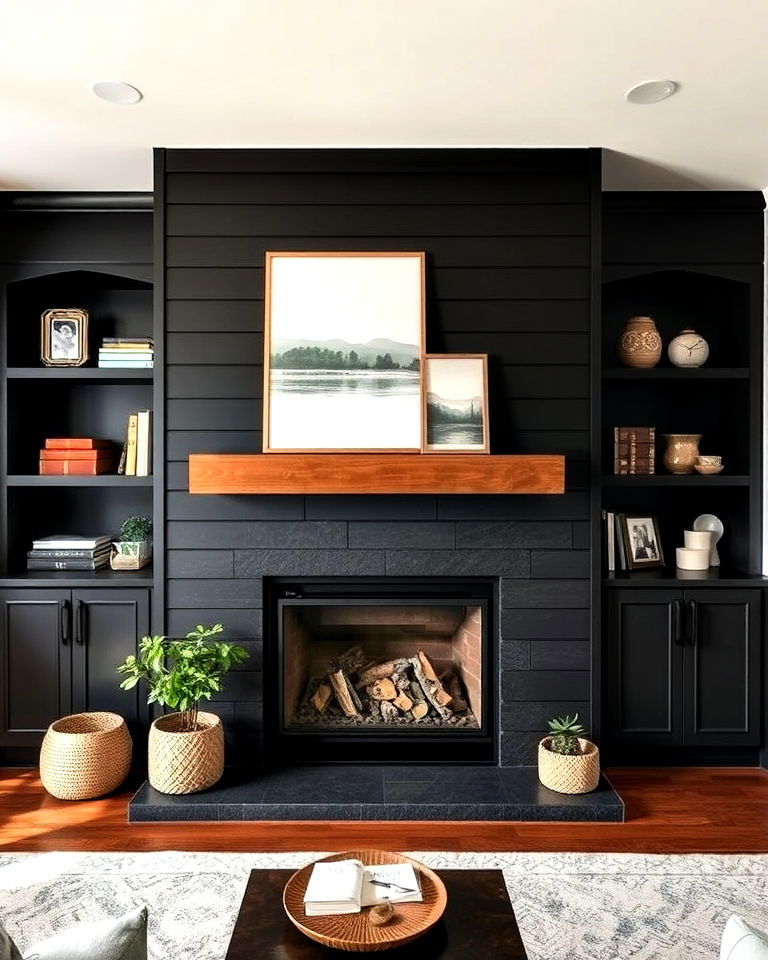 black shiplap fireplace with recessed shelving