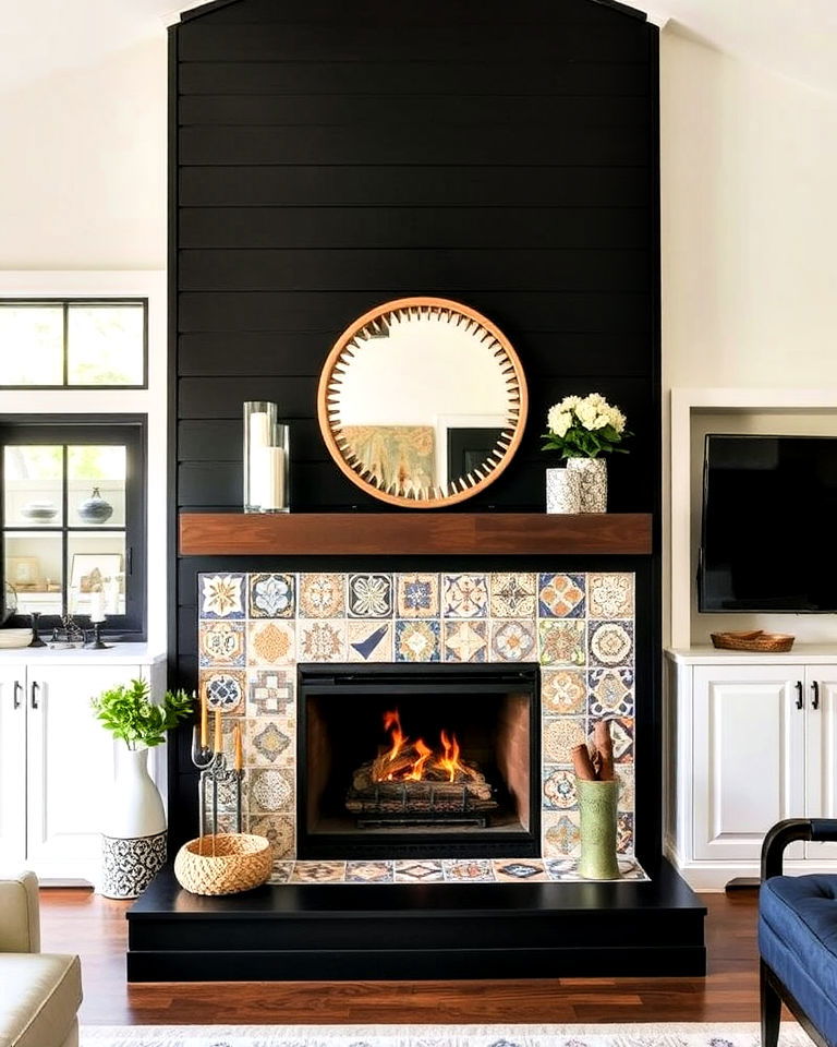 black shiplap fireplace with tile accents