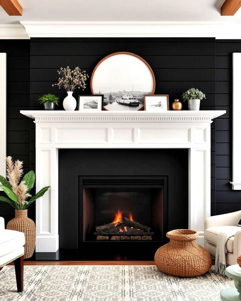 black shiplap fireplace with white mantel