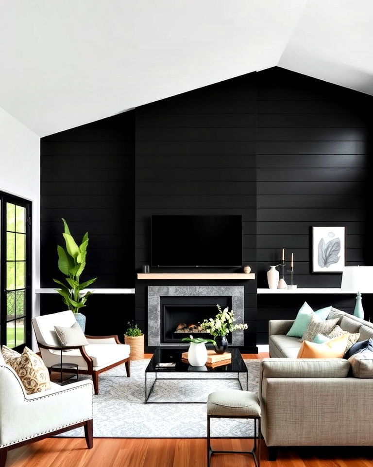 black shiplap statement wall