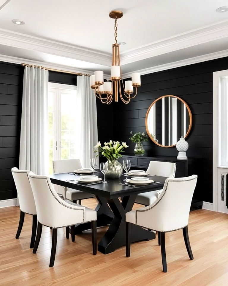 black shiplap walls for a bold dining room statement