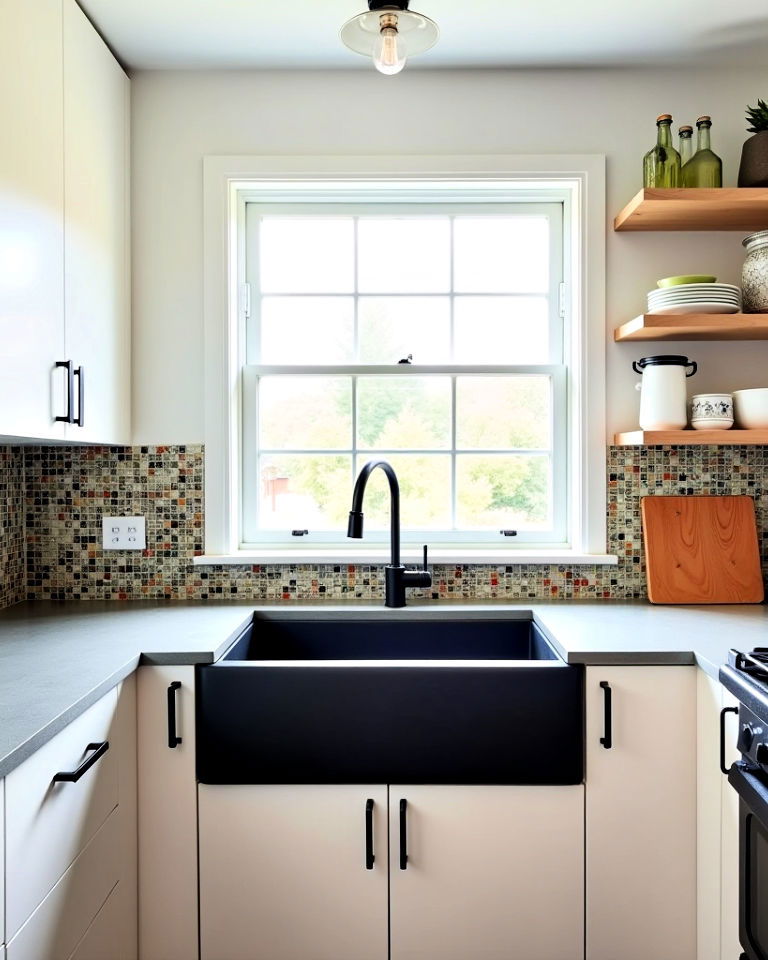 black sink paired with white kitchen cabinets