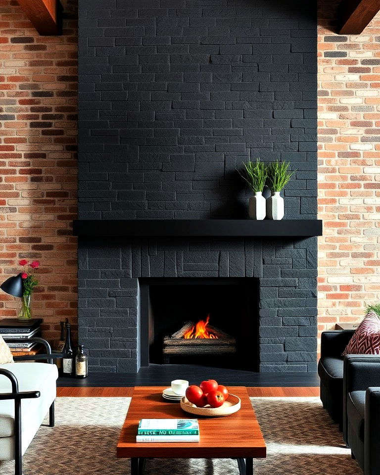 black slate fireplace with industrial accents