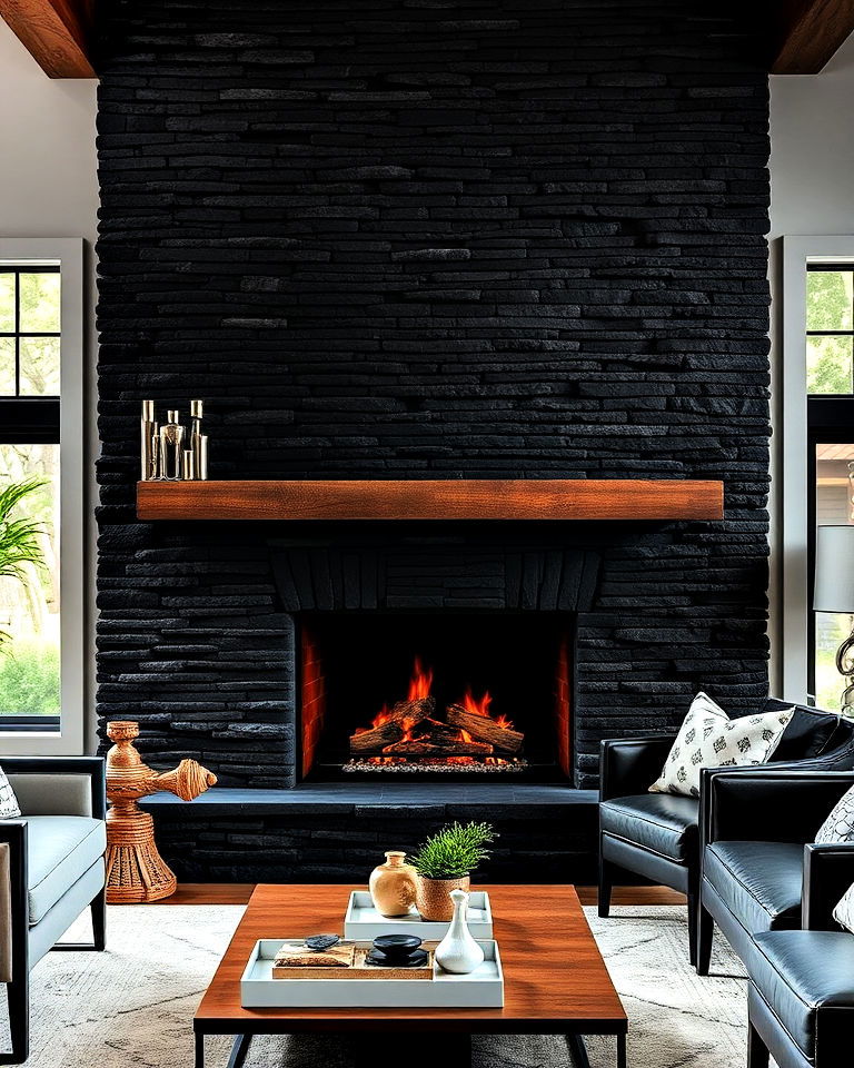 black stacked stone fireplace for a bold texture