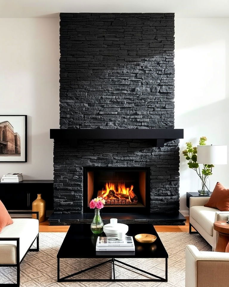 black stacked stone fireplace