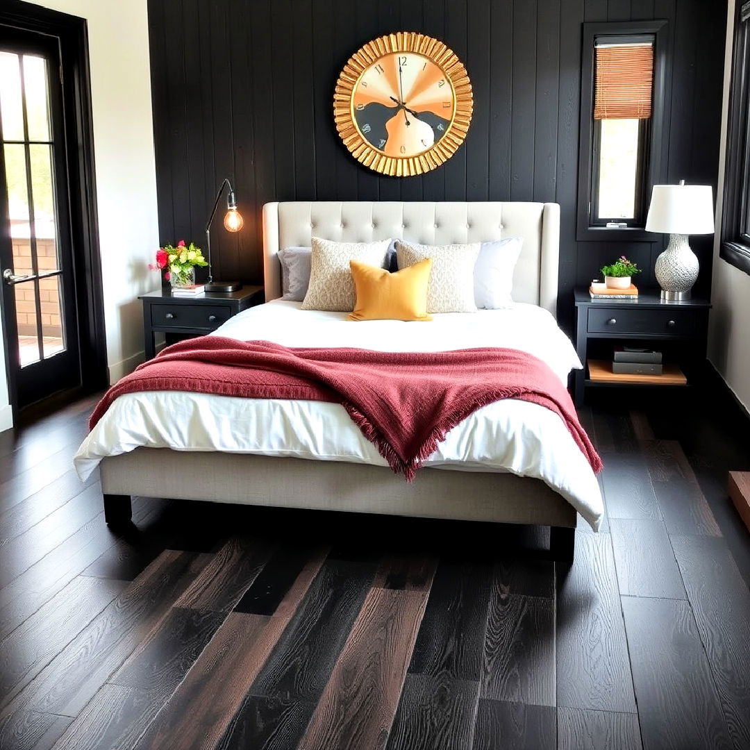 black stained hardwood floor bedroom