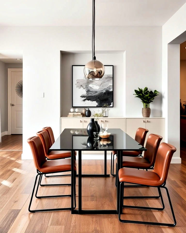 black steel and brown leather dining chairs