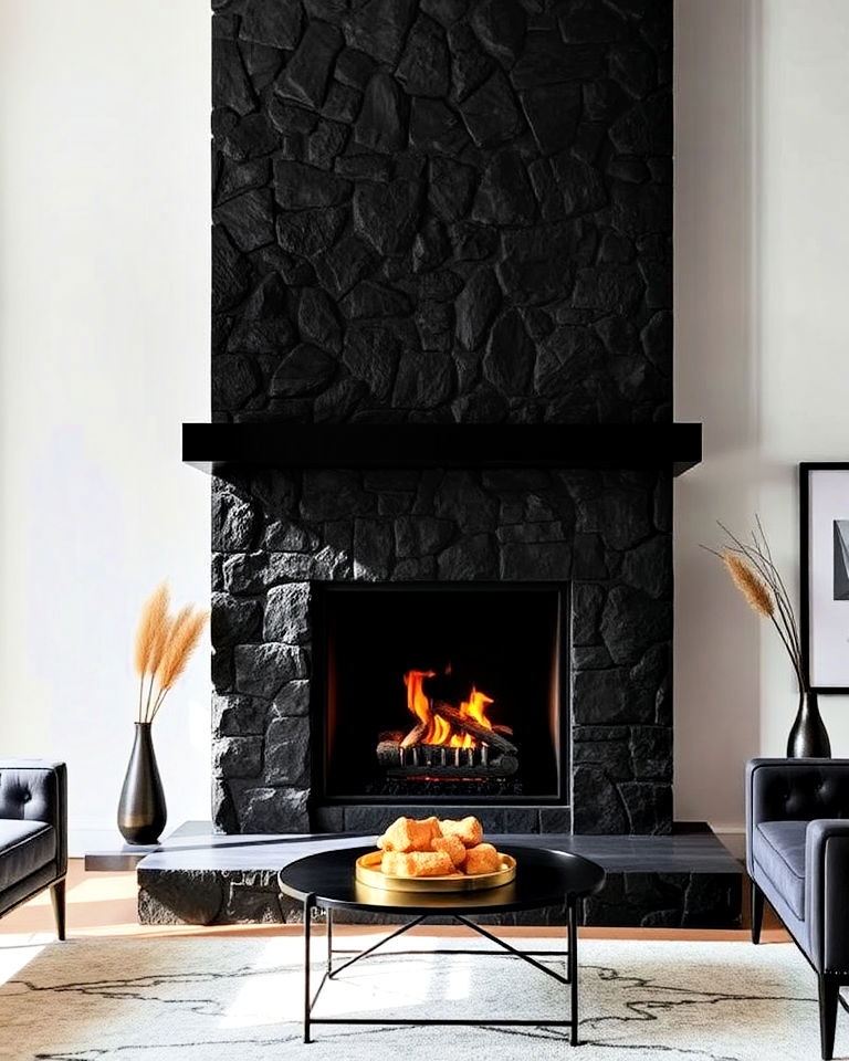 black stone fireplace with a metal mantel