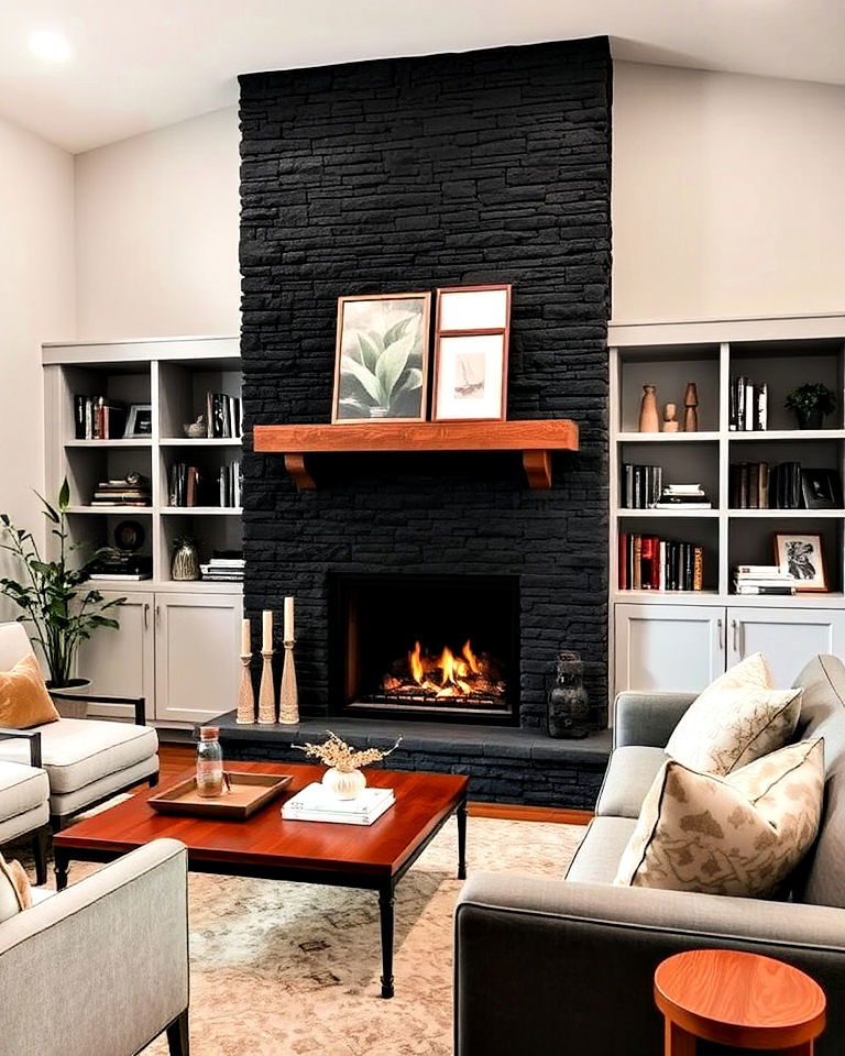 black stone fireplace with built in shelving