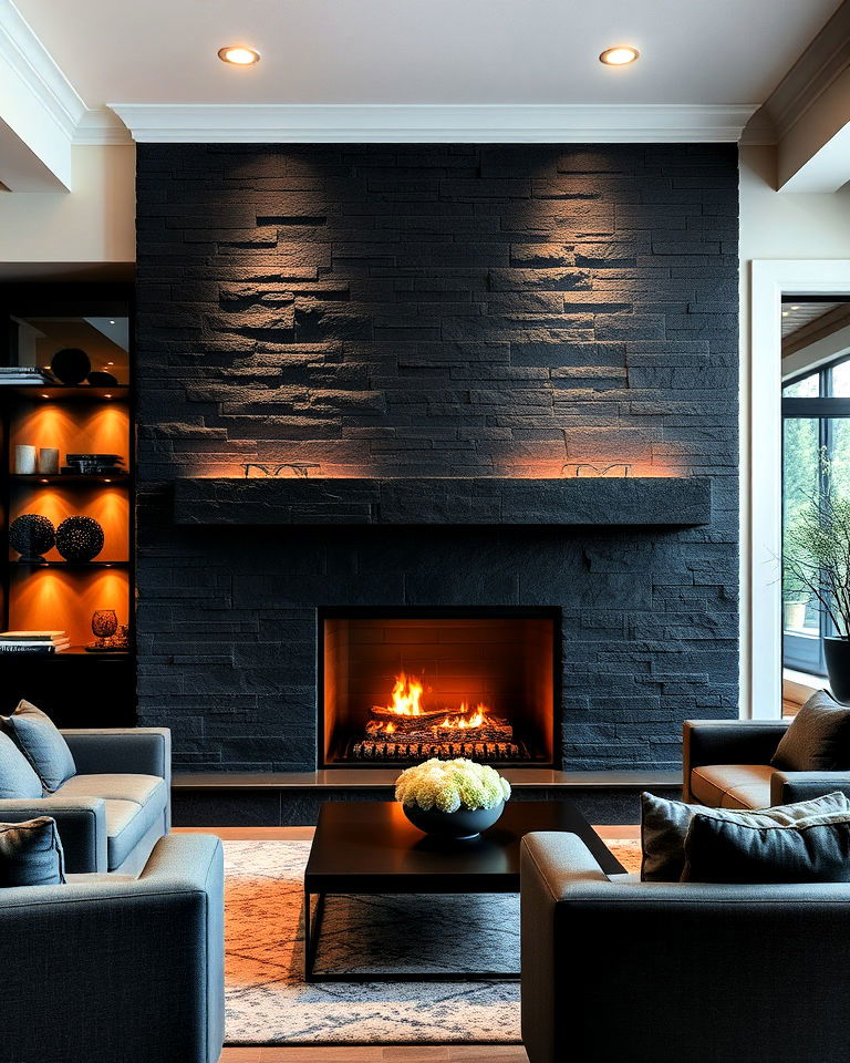 black stone fireplace with recessed lighting