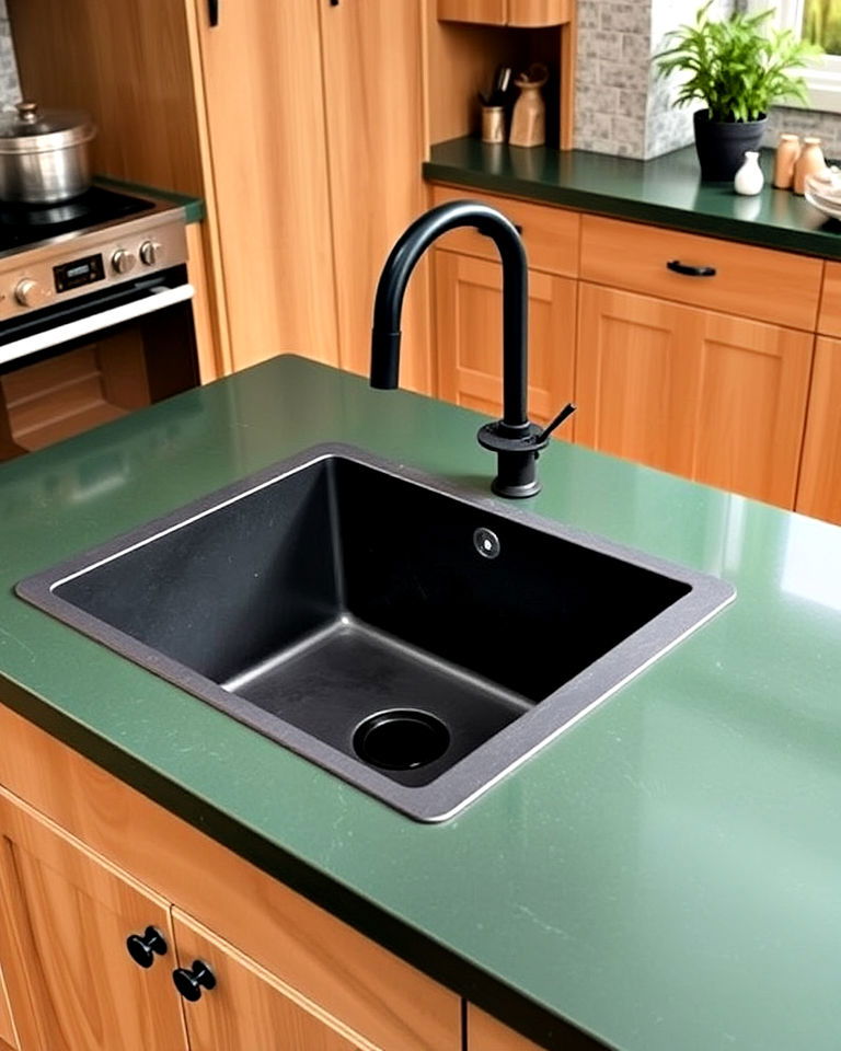black stone sink kitchen with green countertops