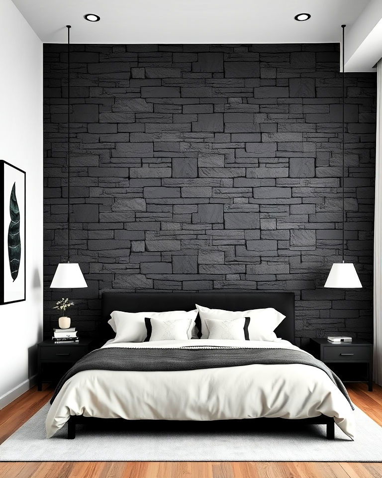 black stone wall for a bold bedroom statement