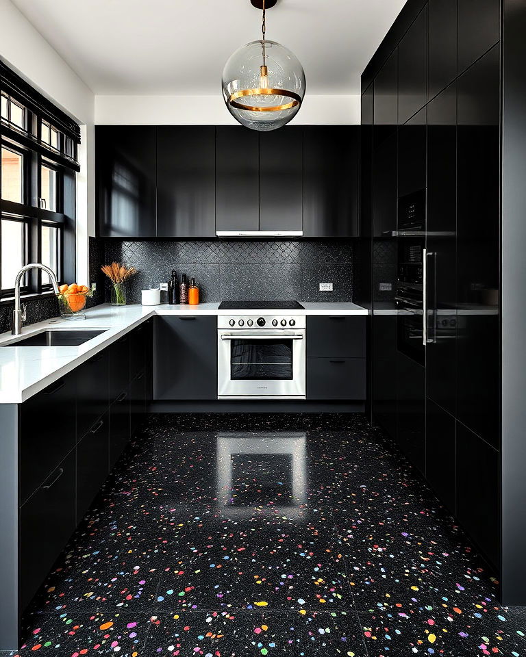 black terrazzo flooring with color flecks