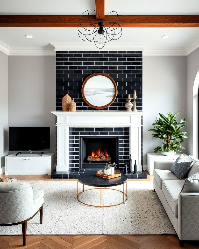 black tile fireplace surround with white mantel