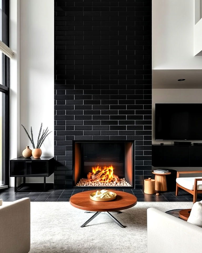 black tile floor to ceiling fireplace