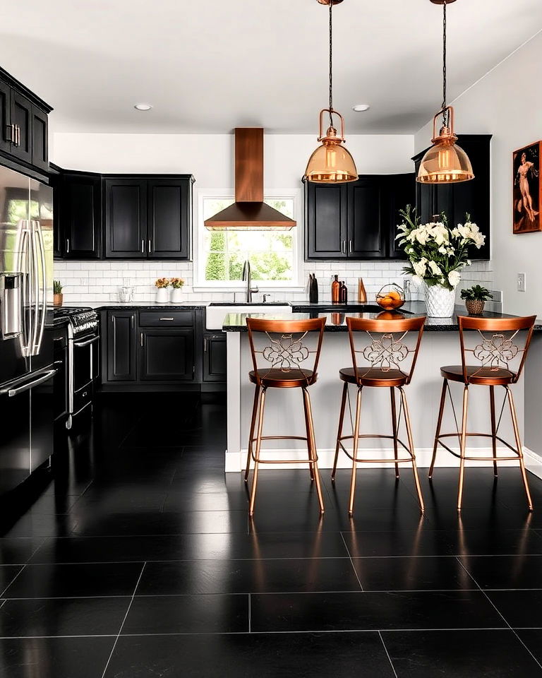 black tile flooring with copper accents