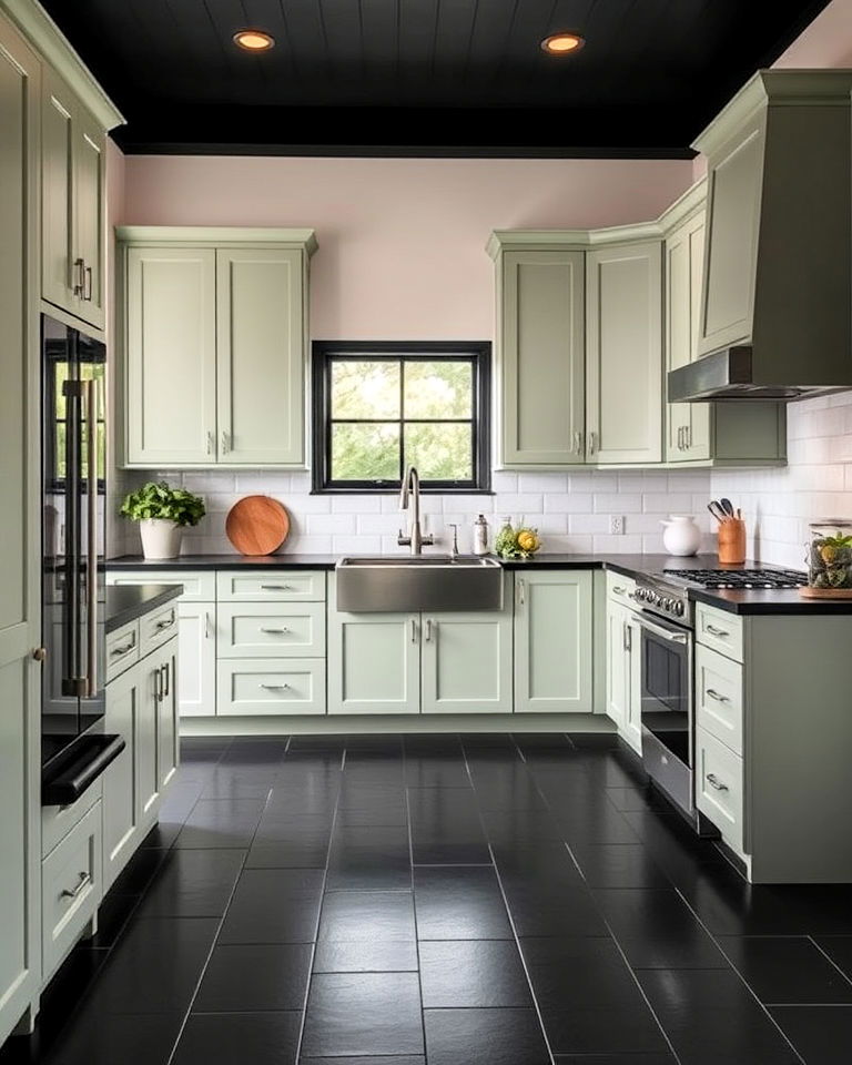 black tile flooring with sage green cabinets for kitchen