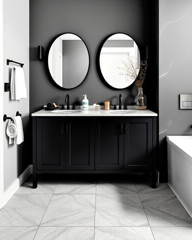 black vanity with grey quartz countertop