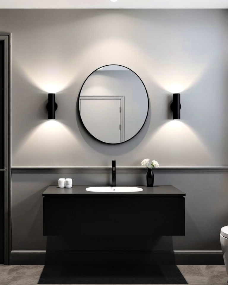 black wall sconces with grey walls for bathroom