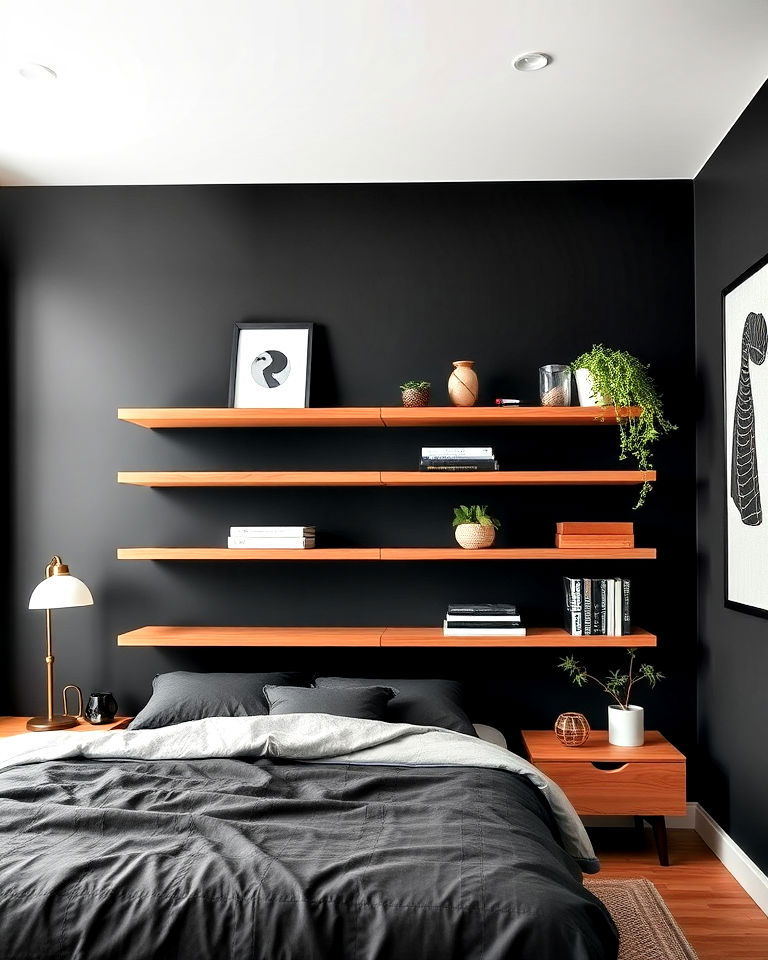 black walls with natural wood shelving