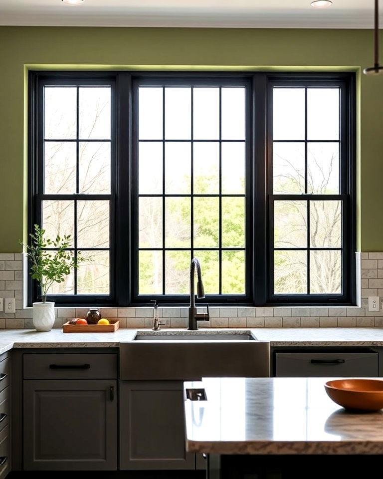 black window frames with sage green walls for kitchen
