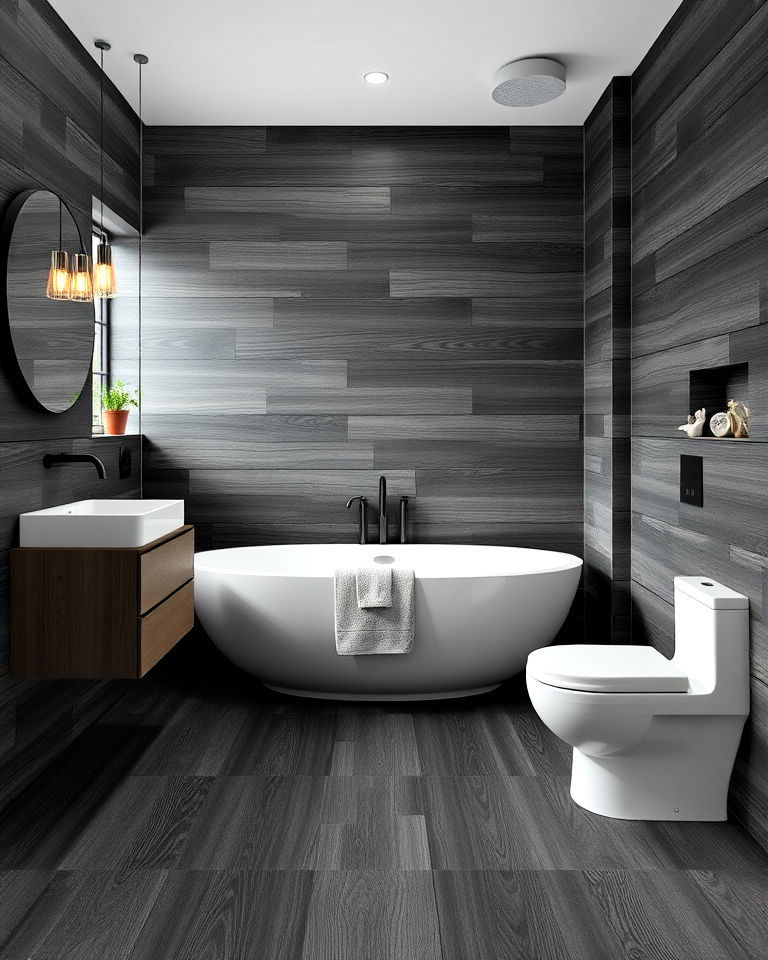 black wood effect bathroom tiles in black