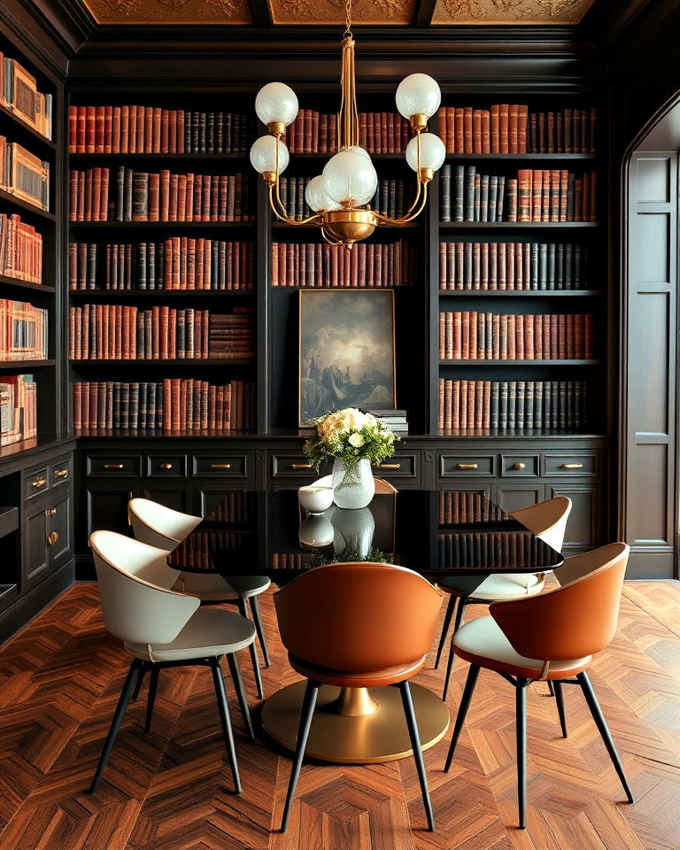 blend modern dining with vintage library aesthetics