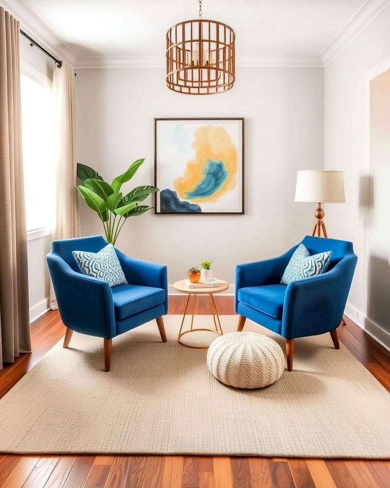 blue accent bedroom chairs with beige area rug