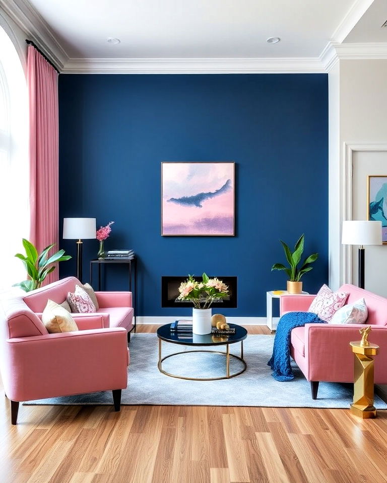 blue accent wall with pink furniture for living room