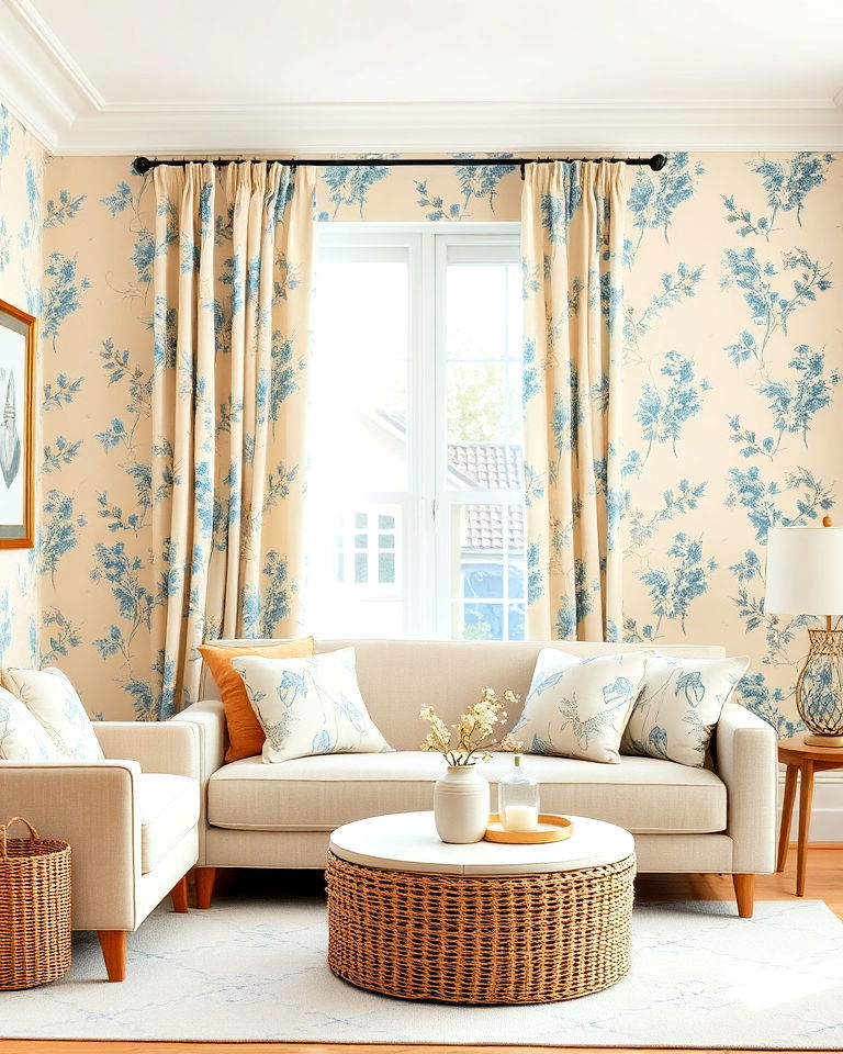 blue and beige floral accents