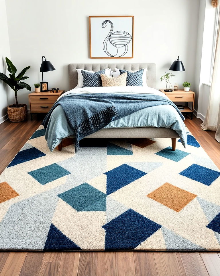 blue and beige geometric bedroom rug