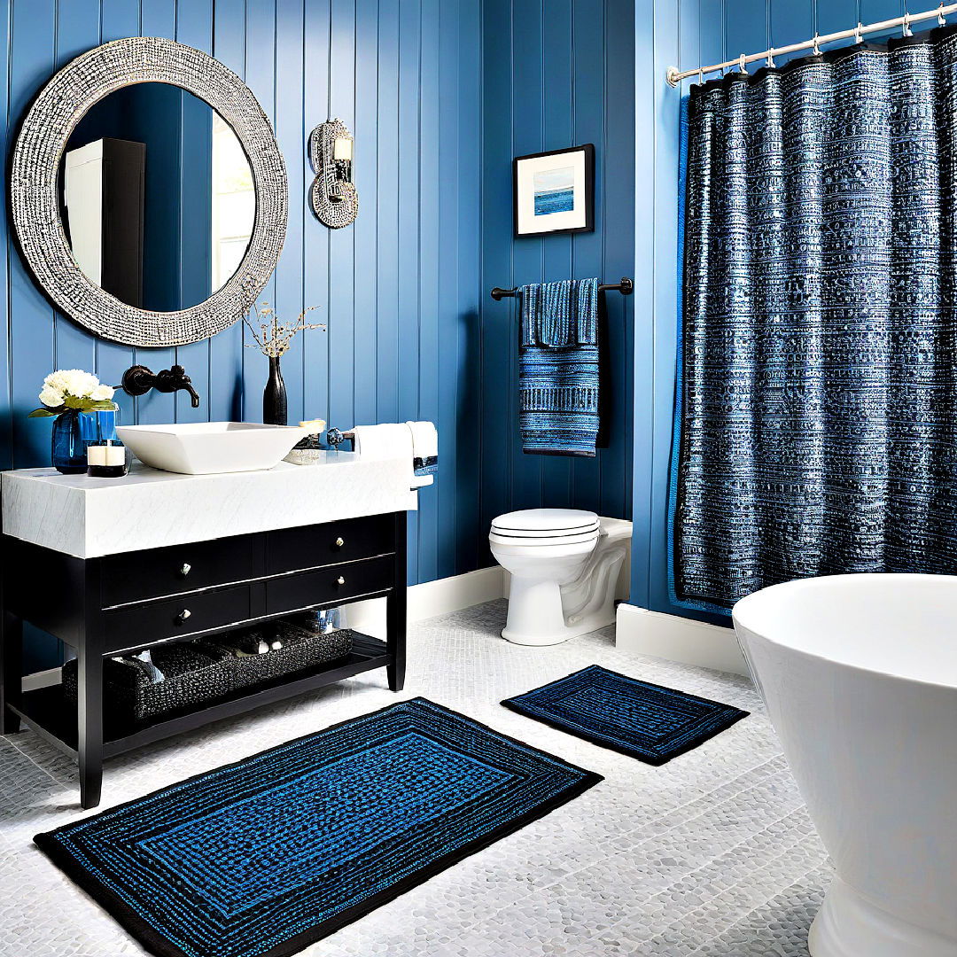 blue and black bathroom towels and linen