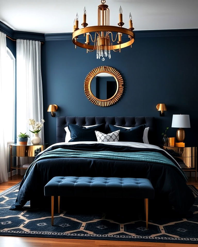 blue and gold art deco style bedroom