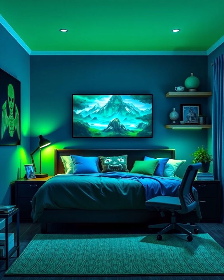 blue and green color gaming bedroom scheme