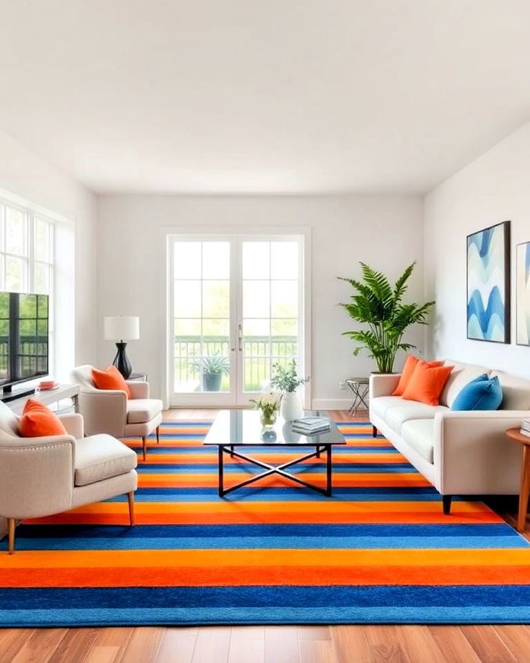 blue and orange striped area rug for the living room