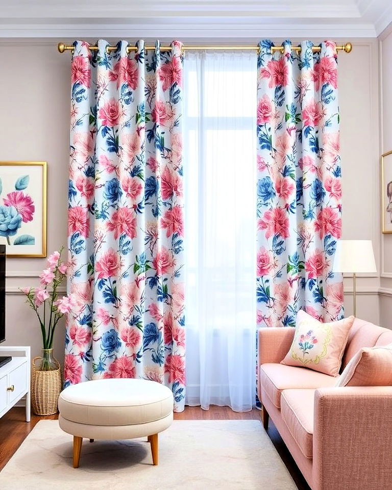 blue and pink floral curtains for living room