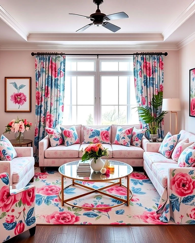 blue and pink floral prints living room