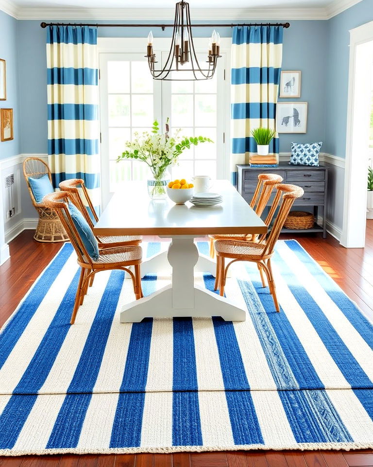blue and white striped rug