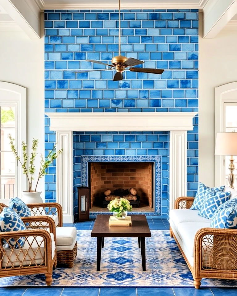 blue and white tile surround