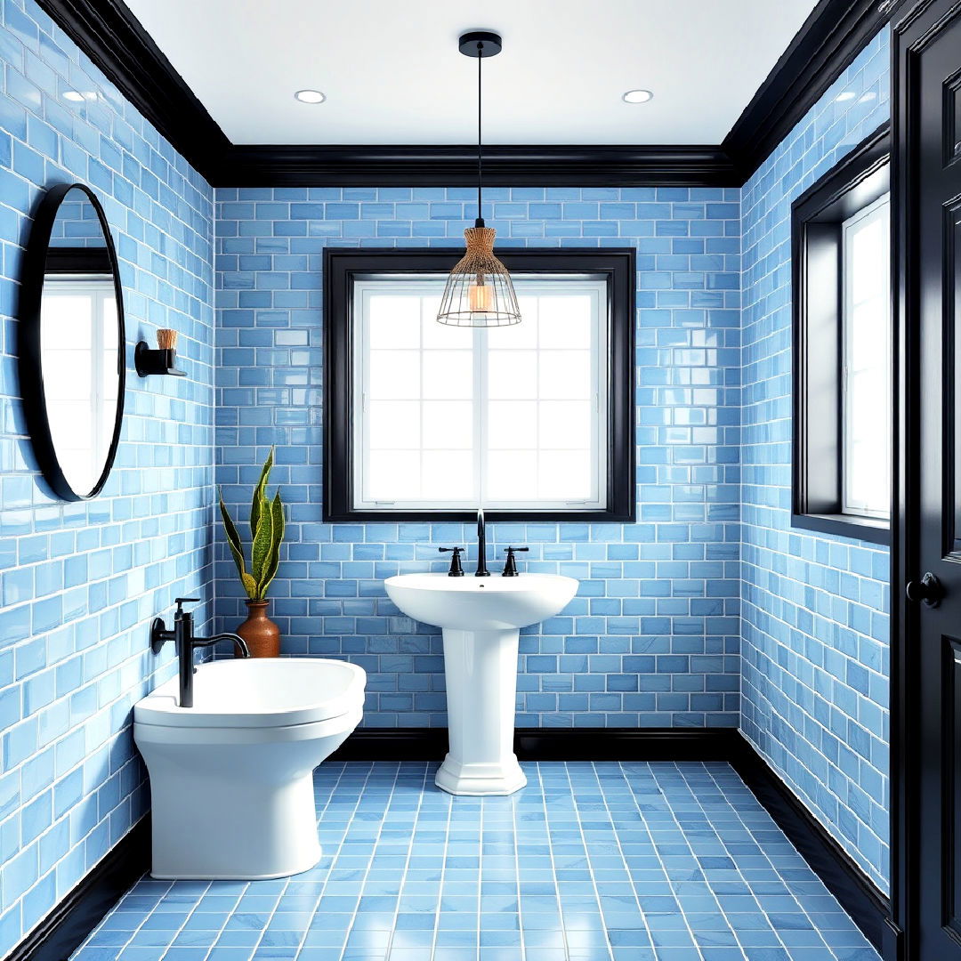 blue bathroom tiles with black trim