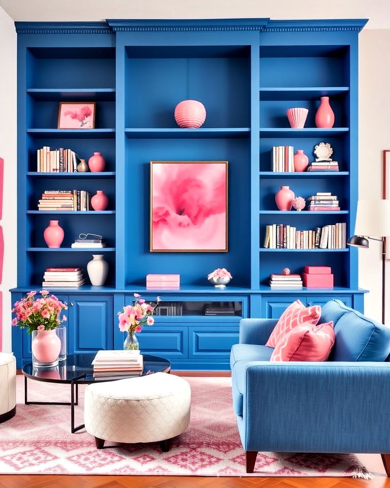 blue bookshelves with pink accessories