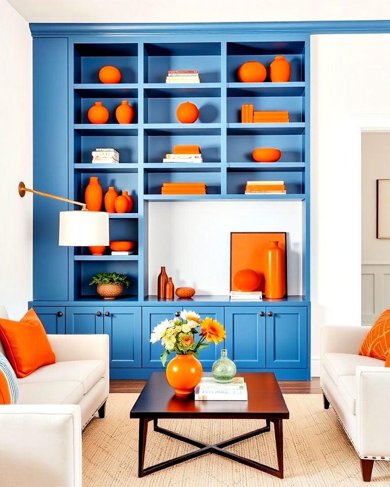 blue built in shelves with orange accessories