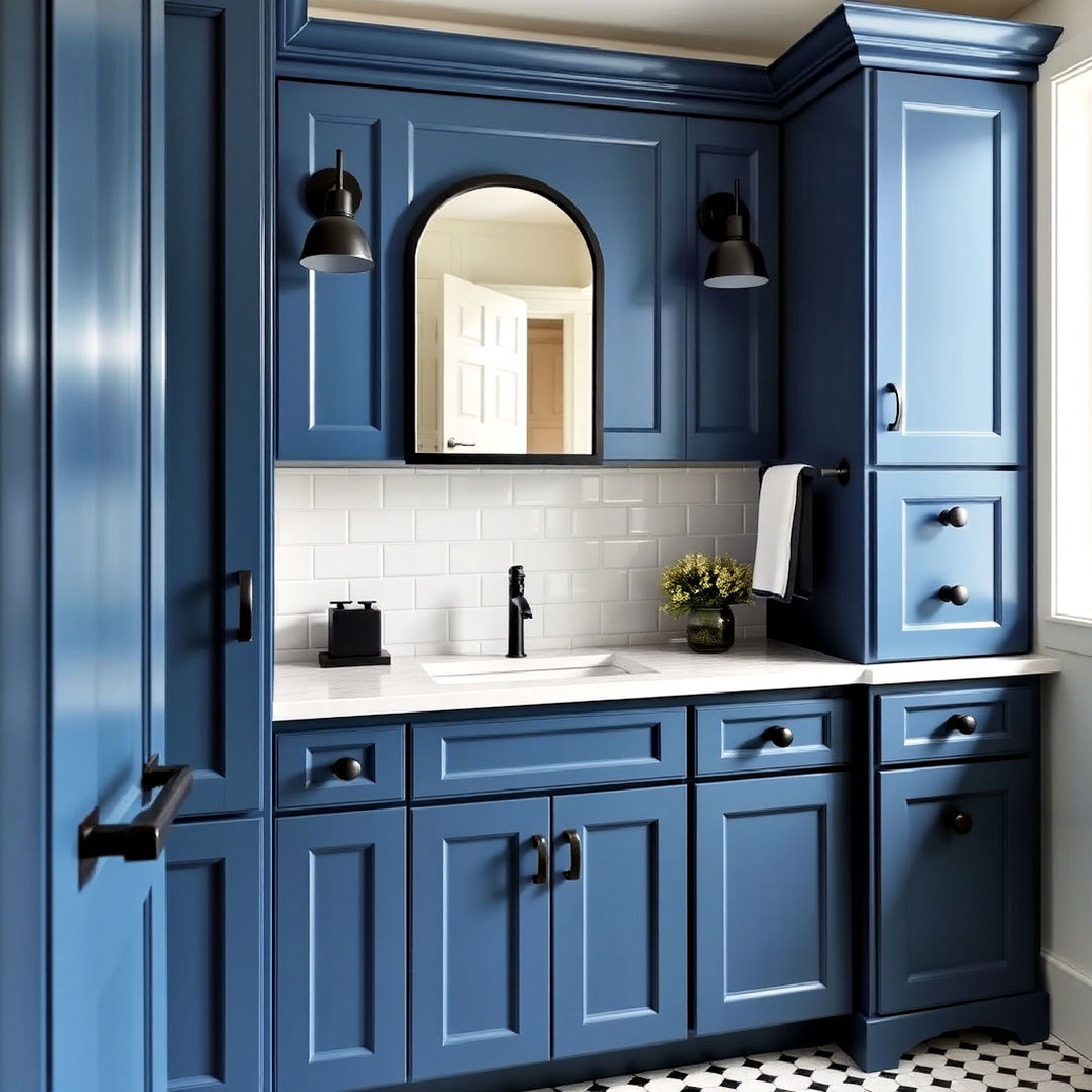 blue cabinets and black hardware design